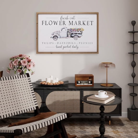 23.6×15.7 Inch Spring Sign Decor, Wooden Framed Fresh Cut Flower Market Sign, Spring Flower Wall Decoration for Home Living Room Bathroom Bedroom