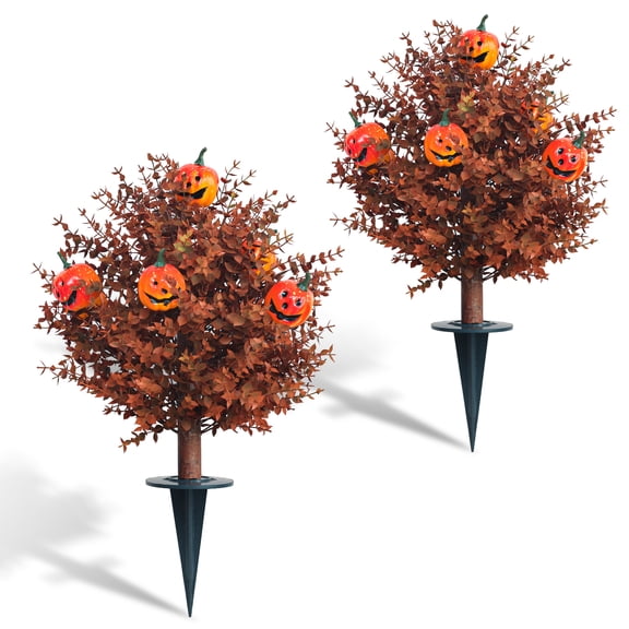 23.6" (2 FT) Artificial Pumpkin Topiary Stake Set of 2, Fall Topiary Tree with Smiling Pumpkin for Outdoor Yard Garden Pathway Porch Decor