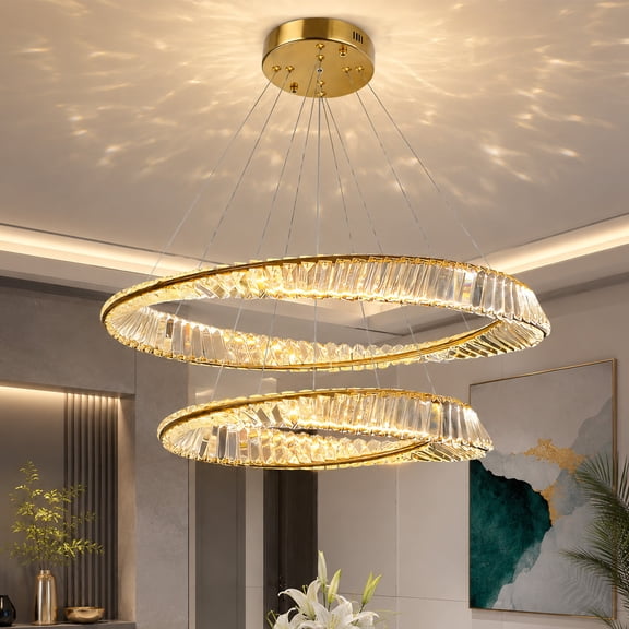 23.6"+31.4 Inch Double Ring Round Gold K9 Crystal Chandelier, 3 Color Temperature Dimmable Hanging Lamp, Modern Two-Tier Circular Vertical Crystal Light for Dining Room Kitchen Island Bedroom