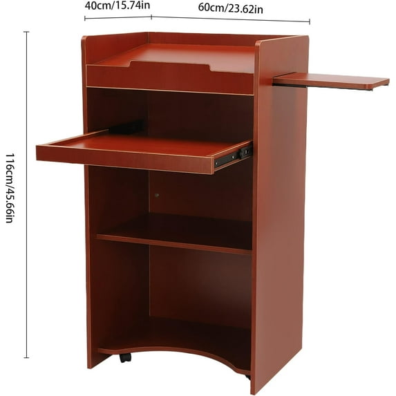 23.6*45.7*15.7in Mobile Lectern Podium Stand, Hostess Stand with Wheels, Portable Mobile Standing Laptop Desk with Storage Shelf, Wooden Speaking Lectern, Home Office Classroom Pulpit