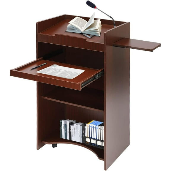 23.6*45.7*15.7in Mobile Lectern Podium Stand, Hostess Stand with Wheels, Portable Mobile Standing Laptop Desk with Storage Shelf, Wooden Speaking Lectern, Home Office Classroom Pulpit