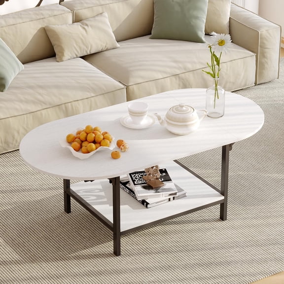 23.6-47.2" W Extendable Coffee Table with Drop Leaves, 2-Tier Wood Coffee Table for Small Space, Modern Oval Center Table with Storage Shelf for Living Room, White & Black$$Furniture