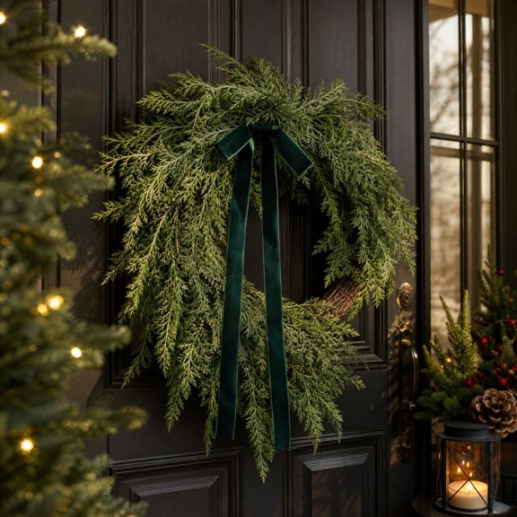 23.6" Artificial Lifelike Touch Cedar Christmas Wreath for Front Door Decor Full and Lush, Fake Cedar Green, Faux Outdoor Plant,Fake Pine Needles Greenery,for Front Door/Windows/Wall/Porch/Xmas Decor