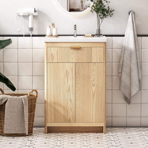 23.6" Bathroom Vanity with Ceramic Sink, Freestanding Wooden Storage Cabinet Vanity with Drawer