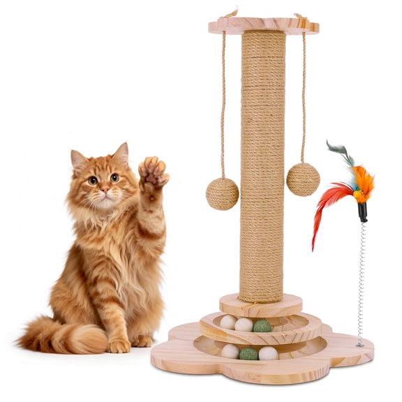 23.6" Cats Scratching Posts with 3 Tier Widened Base, Tall Wooden Cat Scratcher with Sisal Rope, Balls and Feathers