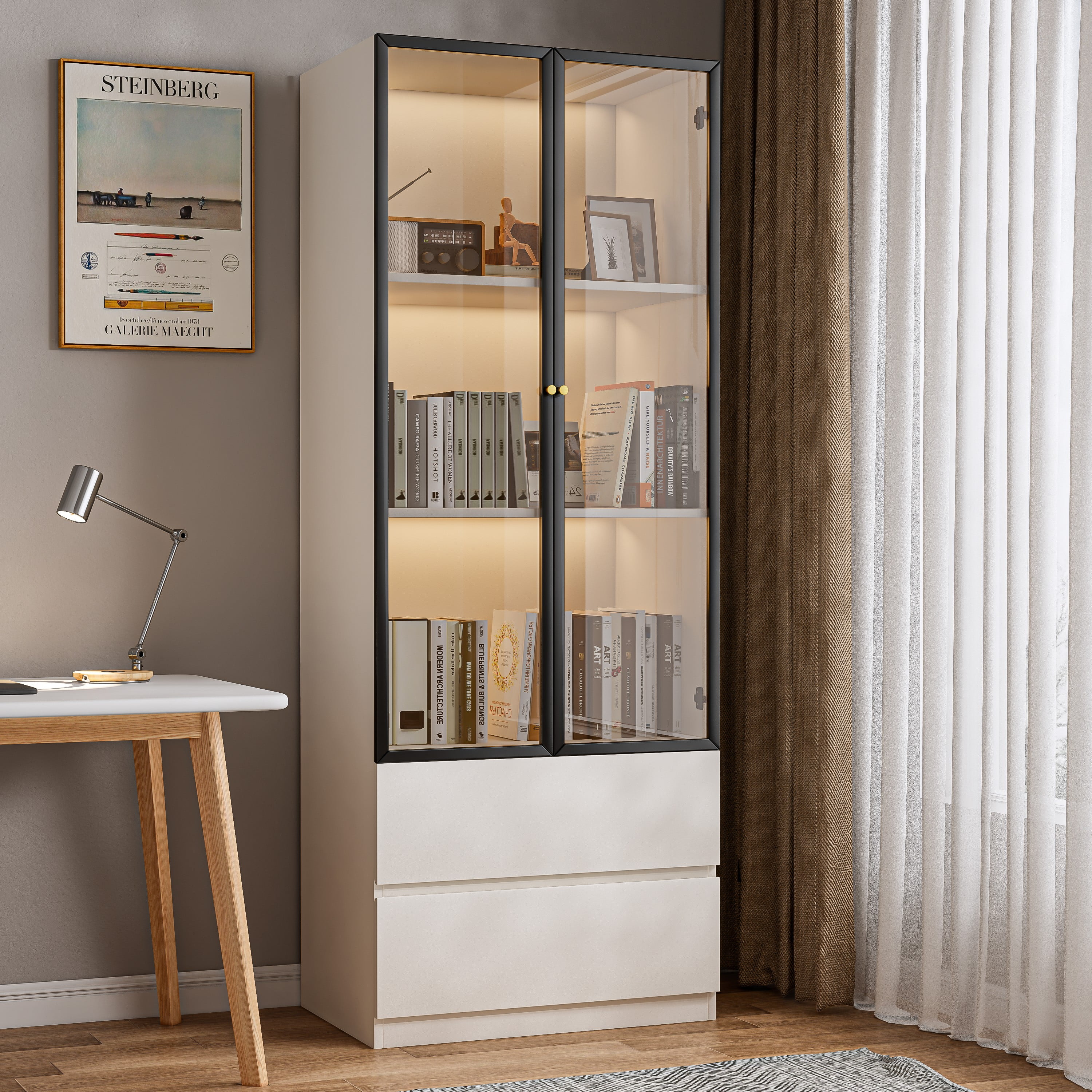 Modern White and Black Lighted China Cabinet with Glass Doors
