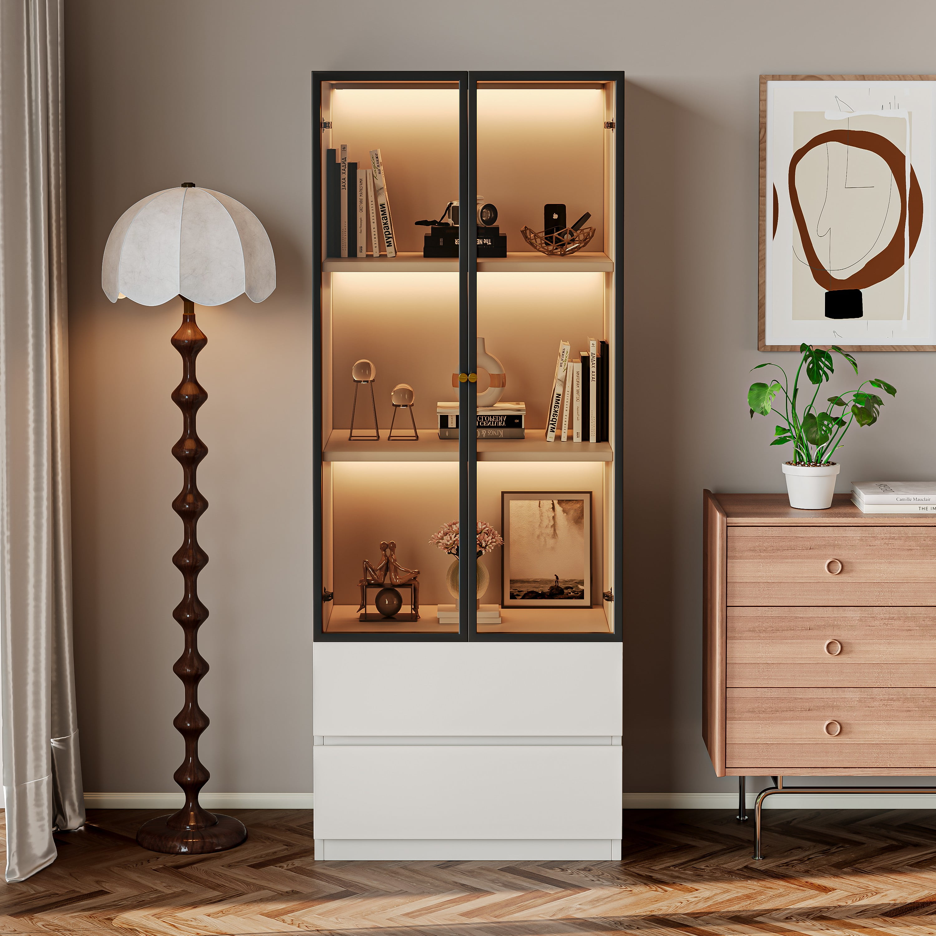 Modern White and Black Lighted China Cabinet with Glass Doors