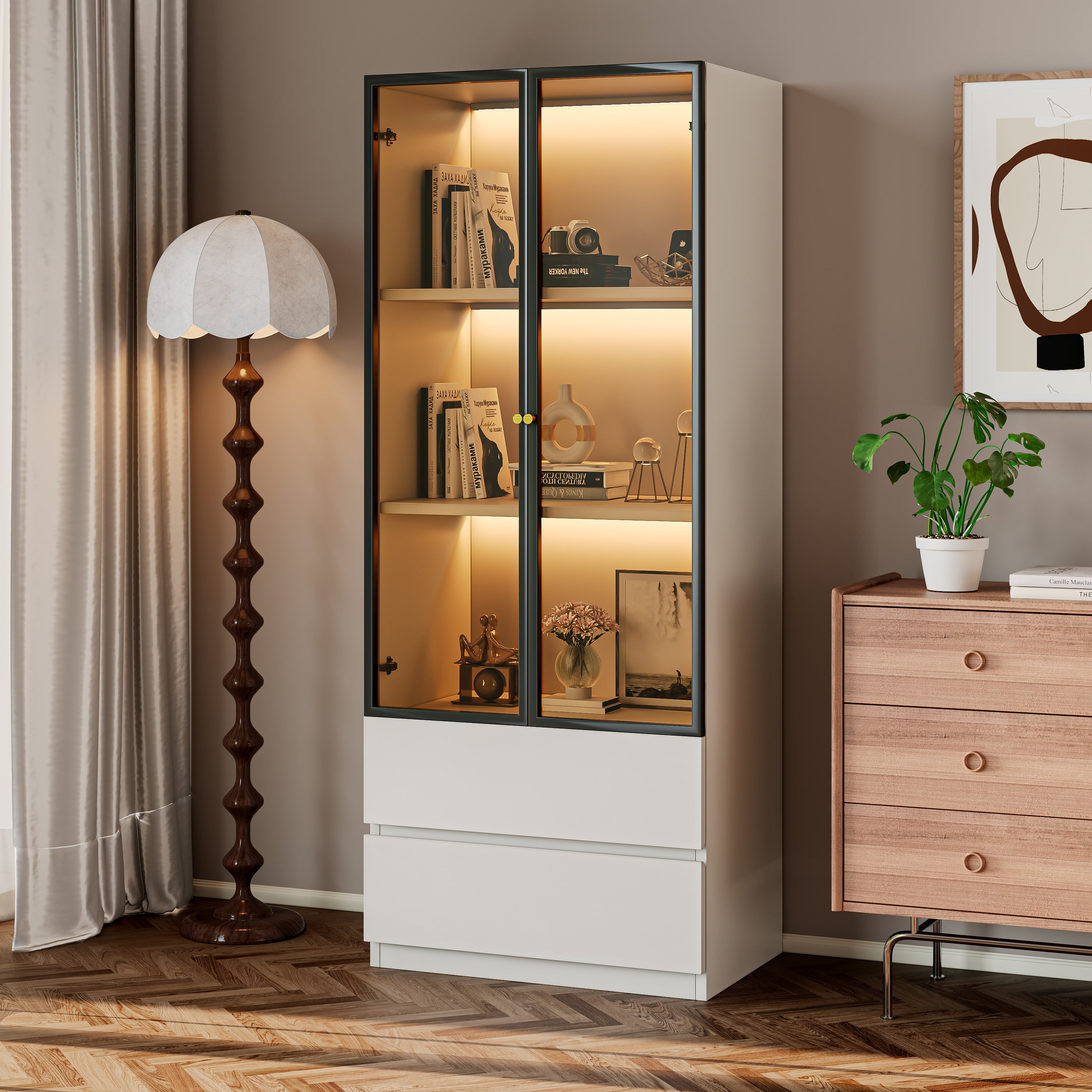 Modern White and Black Lighted China Cabinet with Glass Doors
