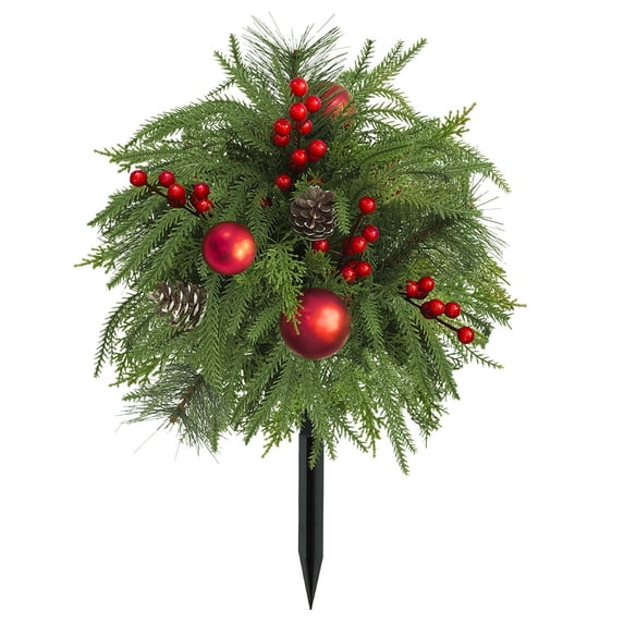 23.6" Christmas Flowers Artificial, Faux Evergreen Pine with Red Berries for Outdoor Planters, Red Berry Floral Stake, Winter Holiday Ground Stake Decor, Pine Cypress Berry Picks, Christmas Decor