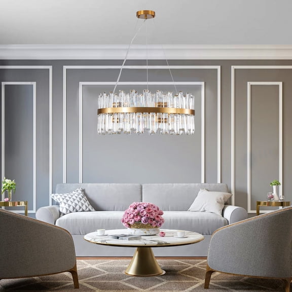23.6'' Dimmable Modern 12Light Crystal Chandeliers,Gold Chandelier Light Fixture, 3 Colors Contemporary Pendant Ceiling Light for Dining Room Living Room Kitchen Island Entryway Foyer