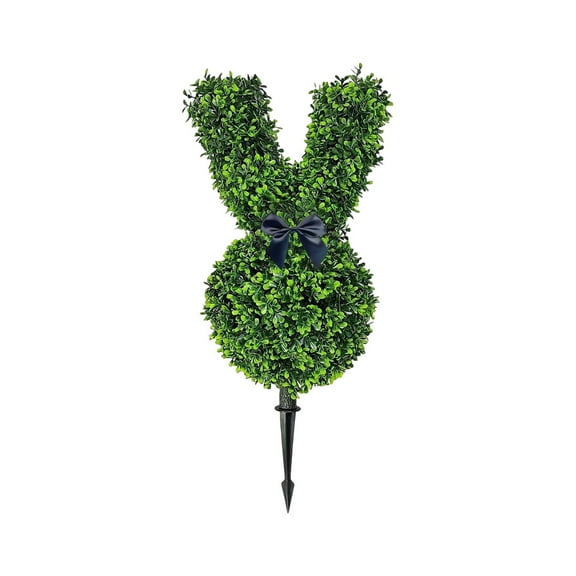 23.6" Easter Bunny Artificial Greenery Boxwood Topiary - with Black Bow & Ground Stake, Festive Decor for Garden, Patio & Home Easter Displays Outdoor Indoor