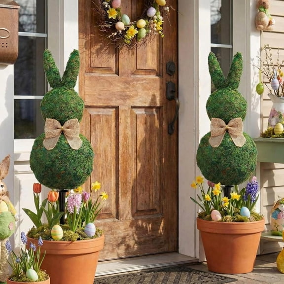 23.6'' Easter Bunny Decorations Moss Bunny Shaped Topiary Trees with Ground Spike Artificial Moss Rabbit Topiary Faux Plants Outdoor for Easter Party Indoor Outdoor Garden Decor
