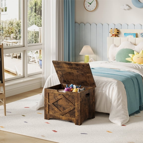 23.6" Entryway Storage Bench, Wooden Storage Chest with U-Shaped Cut-Out Pull, Safety Hinge & Unique Legs, Box Organizer for Living Room, Bedroom, Supports 300 Lbs