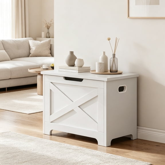 23.6" Entryway Storage Bench, Wooden Storage Chest with U-Shaped Cut-Out Pull, Safety Hinge & Unique Legs, Box Organizer for Living Room, Bedroom, Supports 300 lbs, Matte White