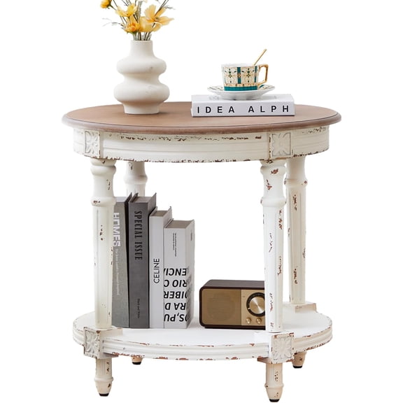 23.6" French Country Two Tone Round End Table,Chipped White Vintage 2 Tier Side Table for Living Room Small Space,Easy Assembly (White 1 PC)