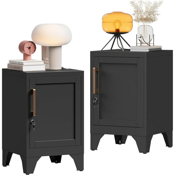23.6" H Metal Locker Nightstand Set of 2,Black Locking Night Stand with Door and Adjustable Shelf, Small Side Table with Detachable Legs for Home Office,Living Room or Bedroom,Easy Assembly