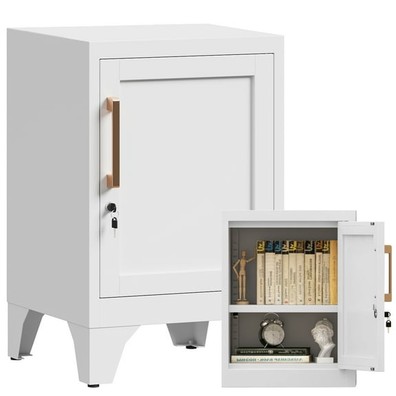 23.6" H White Metal Locker Nightstand with 1 Lockable Door and 1 Adjustable Shelf, Small Storage Cabinet with Detachable Legs and Vintage Handle for Home Office,Living Room or Bedroom,Easy Assembly
