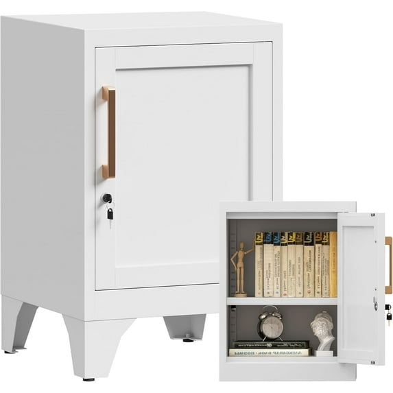 23.6" H White Metal Locker Nightstand with 1 Lockable Door and 1 Adjustable Shelf, Small Storage Cabinet with Detachable Legs and Vintage Handle for Home Office,Living Room or Bedroom,Easy Assembly