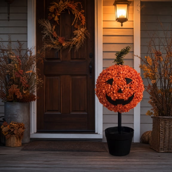 23.6" Halloween Artificial Pumpkin Topiary Tree,Jack-O-Lantern Artificial Potted Boxwood Plant with Ribbon Bow for Thanksgiving Faux Autumn Front Door,Yard and Spooky Halloween Home Decoration