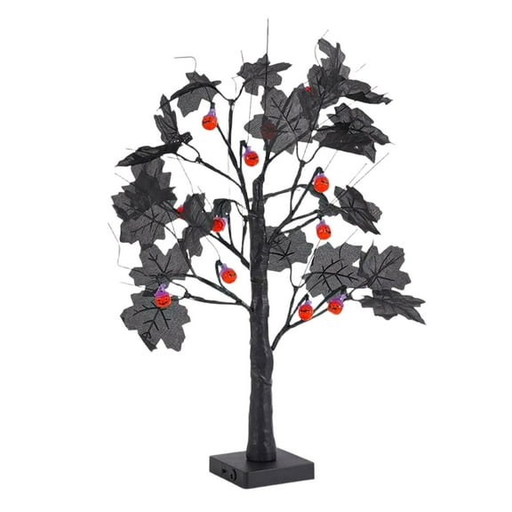 23.6" Halloween Tree Decor with LED Lights - Spooky Black Twig Tree with Spiders, Ghosts & Pumpkins, USB/Battery Powered Indoor Halloween Decor for Home, Party & Tabletop