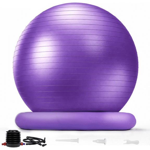 23.6-Inch Anti-Burst Fitness Ball (Includes Stability Base and Air Pump) Non-Slip Yoga Balance Ball for Pilates, Core Training, Prenatal Exercise, Home Fitness, and Office Seating Purple