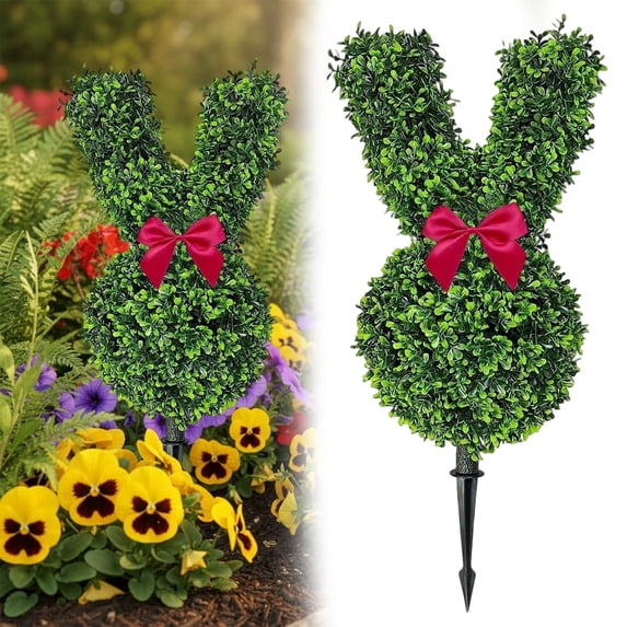 23.6 Inch Artificial Bunny-Shaped Topiary Tree with Ground Spike, UV-Resistant Bowknot Faux Boxwood Topiaries Plant for Porch Decor Outdoor/Indoor Easter Decorations Red