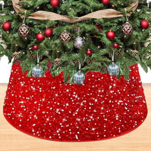 "23.6 Inch Christmas Tree Collar Tree Skirt Xmas Tree Stand Collar Tree Ring Box Skirt Christmas Tree Trunk Base Cover Red Sequin Velvet Sparkle Metallic for Home Holiday Ornaments