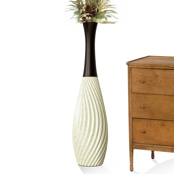 23.6 Inch Cream Tall White Vases Brown Neck Teardrop Vase with Textured Vertical Lines & Speckled Finish, Decorative Floor Vase for Living Room, Wedding, Boho Home Decor Resin Tall Vases