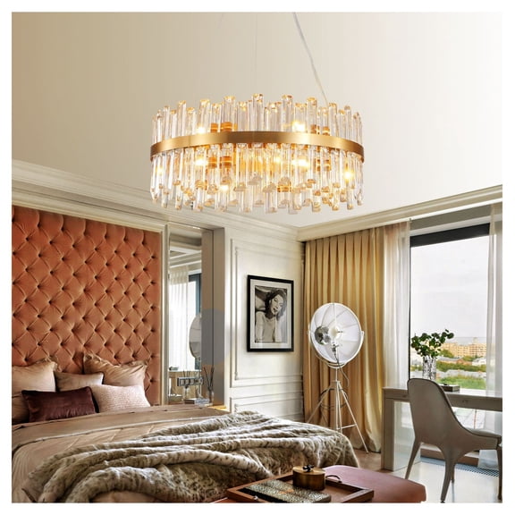 23.6 Inch Crystal Chandelier Modern LED Lighting for Dining Room, Living Room - Gold Finish Decorative Light Fixture (Bulbs Not Included)