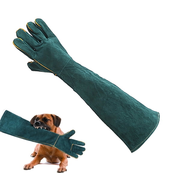 23.6 Inch Extra Long Leather Animal Handling Gloves, Dark Green Bite Proof Scratch Resistant Pet Training Grooming Gloves for Dog Cat