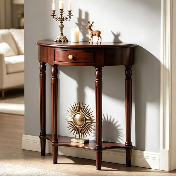 23.6 Inch Half Moon Console Table with Drawer and Open Shelf for Entryway or Living Room Decor