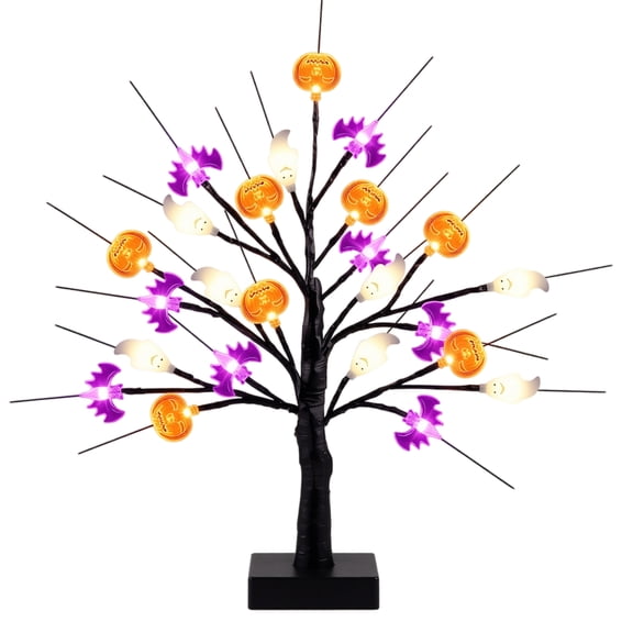 23.6 Inch Halloween LED Birch Tree Light, Jack-O-Lantern Ghost Bat Shaped Lights Table Tree, Small Spooky Tree for Mantel Desk Party Decor (Red)