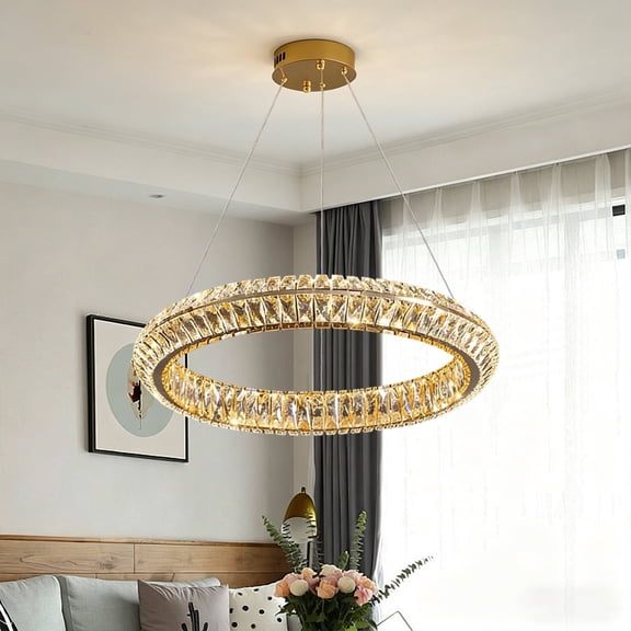 23.6 Inch Hollow Round Ring K9 Crystal Chandelier, 3 Color Temperature Dimmable LED Hanging Pendant Light, Modern Circular Crystal Lamp for Large Living Room Dining Table Kitchen Island Bedroom