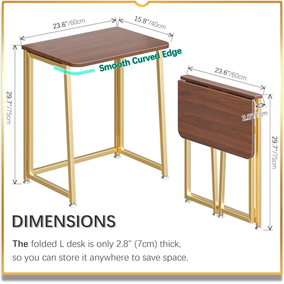 23.6 Inch Mobile Folding Desk with Wheels, Compact Rolling Computer Table for Home Office and Small Spaces, Brown and Gold
