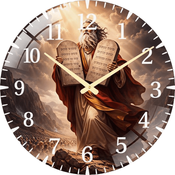 23.6 Inch Moses And The Ten Commandments | Biblical Christian- Glass Wall Clock for Hanger Office Room, Living Room, Bedroom Or Kithen Style 60x60cm