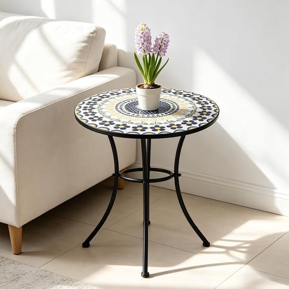 23.6 Inch Outdoor Mosaic Round Table with Metal Frame Waterproof Side End Table for Garden Balcony Poolside