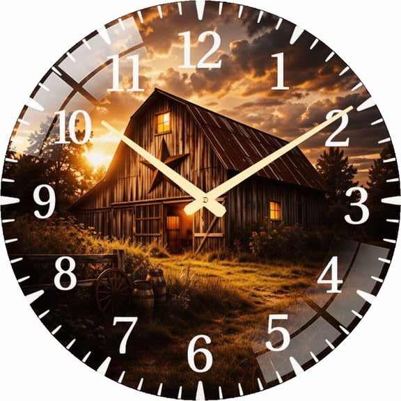 23.6 Inch Rustic Old Barn with Barn Star Glass Wall Clock for Hanger Office Room, Living Room, Bedroom Or Kitchen