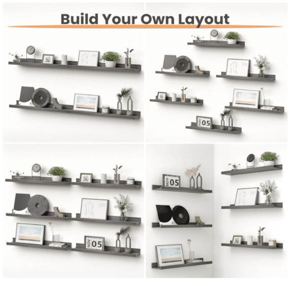 23.6 Inch Shelves for Decor Storage Set of 6, Wall Mounted Wood Shelf for Bedroom, Living Room, Bathroom, Kitchen, Long Picture Ledge Shelves, Grey