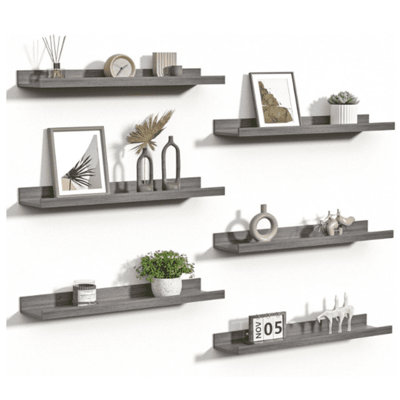 23.6 Inch Shelves for Decor Storage Set of 6, Wall Mounted Wood Shelf for Bedroom, Living Room, Bathroom, Kitchen, Long Picture Ledge Shelves, Grey