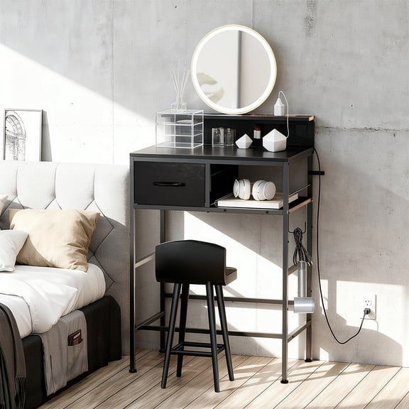 23.6 Inch Small Vanity Desk with Power Outlet, Black Makeup Table with Single Fabric Drawer for Bedroom, Dorm