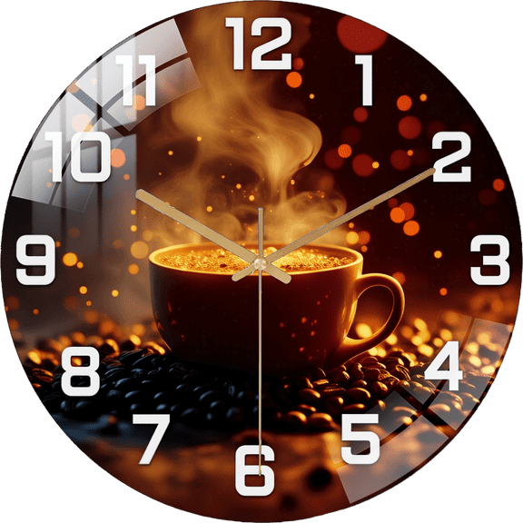 23.6 Inch Steaming Coffee Cup Glass Wall Clock - 2D Flat Printed Round Timepiece for Kitchen Decor - Silent Non-Ticking Coffee-Themed Clock(Battery Not Included), 60cm