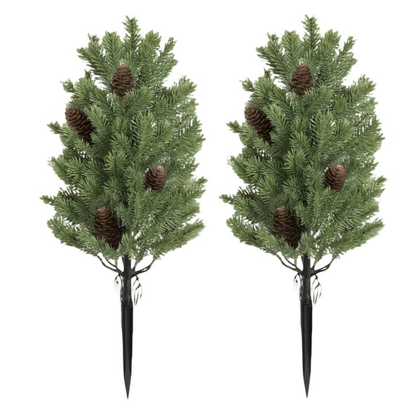 23.6 Inch UV Resistant Artificial Cedar Topiary Trees with Ground Spike Faux Evergreen Bushes Shrubs for Indoor Outdoor Front Porch Garden Decor Realistic Cypress Plants, Set of 2