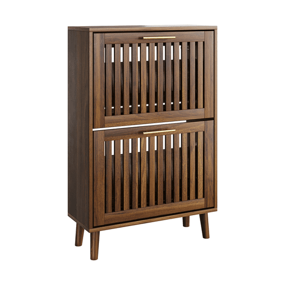 23.6-Inch Walnut Shoe Cabinet, Medieval Modern Independent Shoe Cabinet, Fence Shoe Cabinet with 2 Flip Drawers, Suitable For Corridors and Entrances