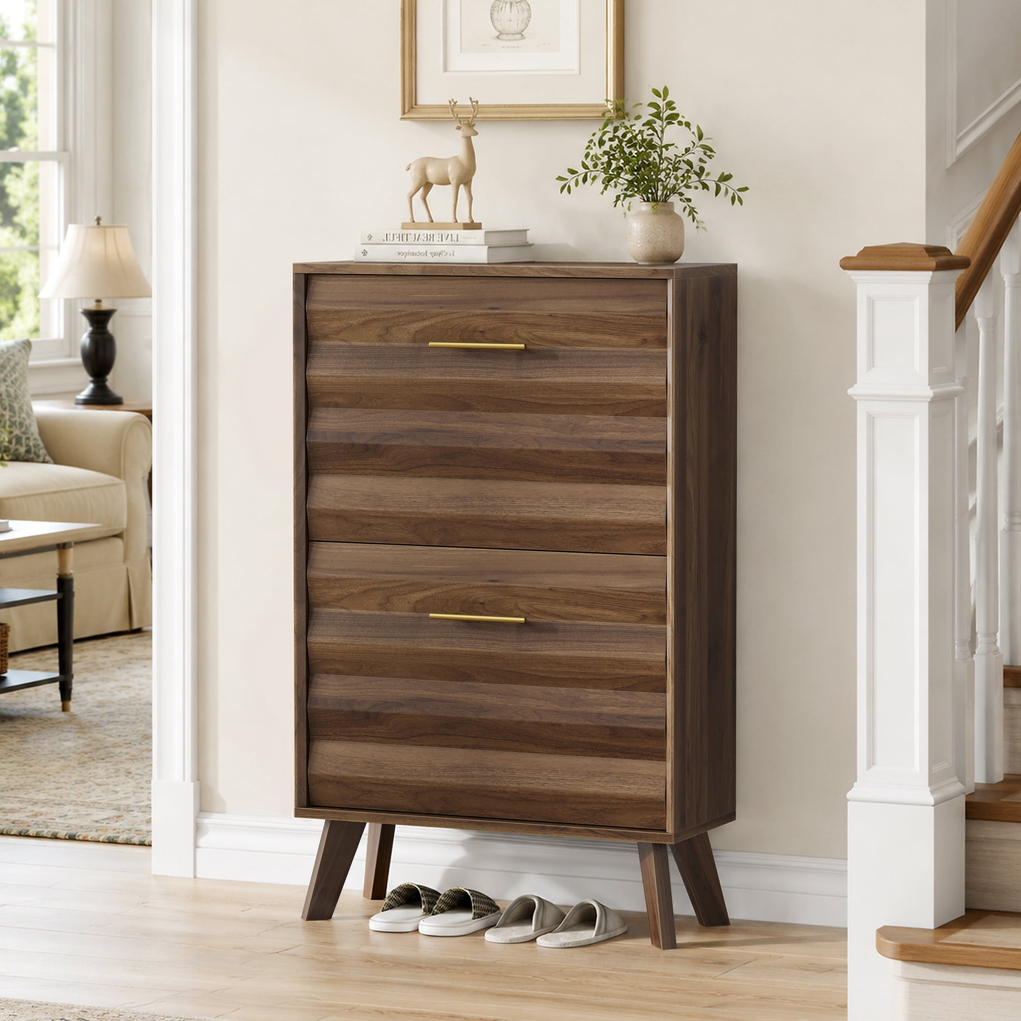 23.6 Inch Walnut Slim Flip-Top Shoe Cabinet, Mid-Century Freestanding Narrow Entryway Shoe Rack with Gold Handles & Angled Wood Legs, Large Capacity Tilt-Out Shoe Storage Organizer