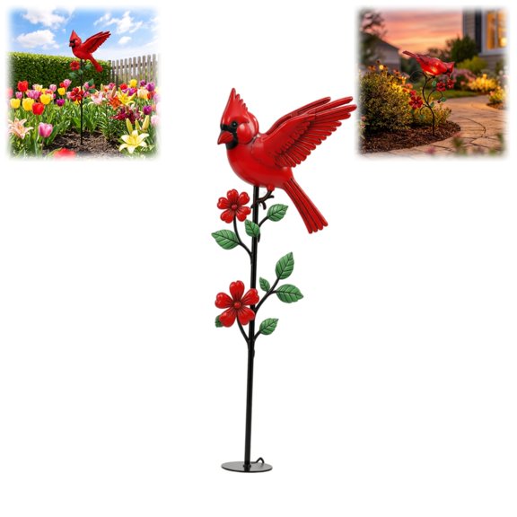 23.6 Inch Wrought Red Bird Garden Stake, Rustic Metal Red Bird Yard Art, Weather Resistant Iron Outdoor Decoration for Garden Flower Bed Patio Lawn, Bird Lover Gift (C)