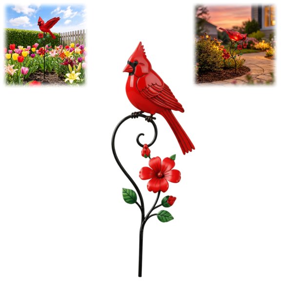 23.6 Inch Wrought Red Bird Garden Stake, Rustic Metal Red Bird Yard Art, Weather Resistant Iron Outdoor Decoration for Garden Flower Bed Patio Lawn, Bird Lover Gift (A)