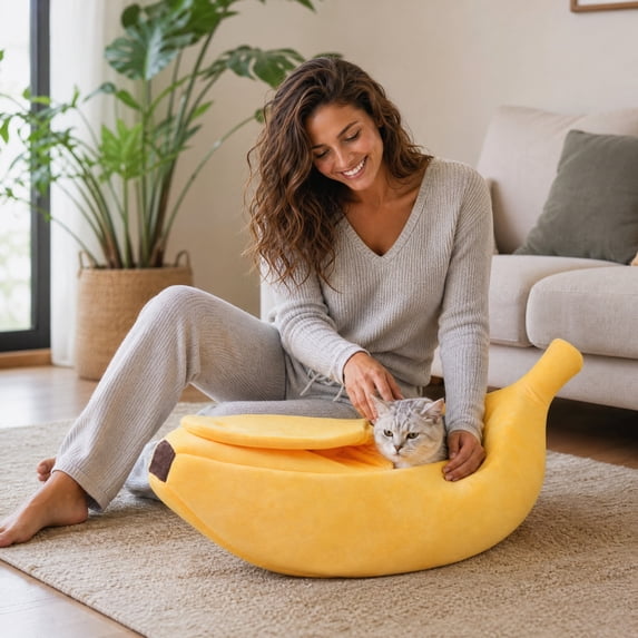 23.6"Lx6.7"W Banana Shape Cave Bed Tent for Cats Puppy Indoor Pet Beds Washable Soft Cushion Funny Sleeping Bag Winter Warm House Bed
