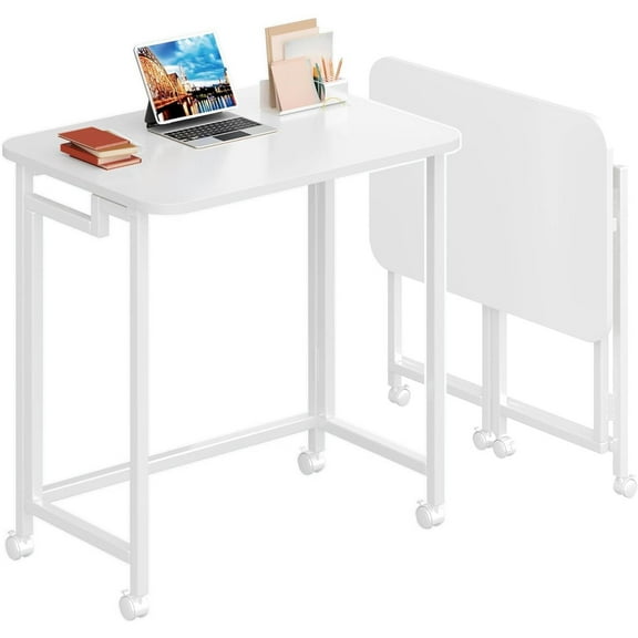 23.6" Mobile Small Folding Desk, Simple Assembly Compact Computer Laptop Cart Desk, Mini Couch Table Study Writing Table for Small Space Offices - All White