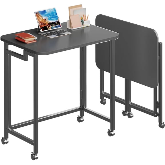 23.6" Mobile Small Rolling Computer Desk, Folding Laptop Cart Table with Wheels, Portable Office Desk for Small Space Couch Bed - All Black