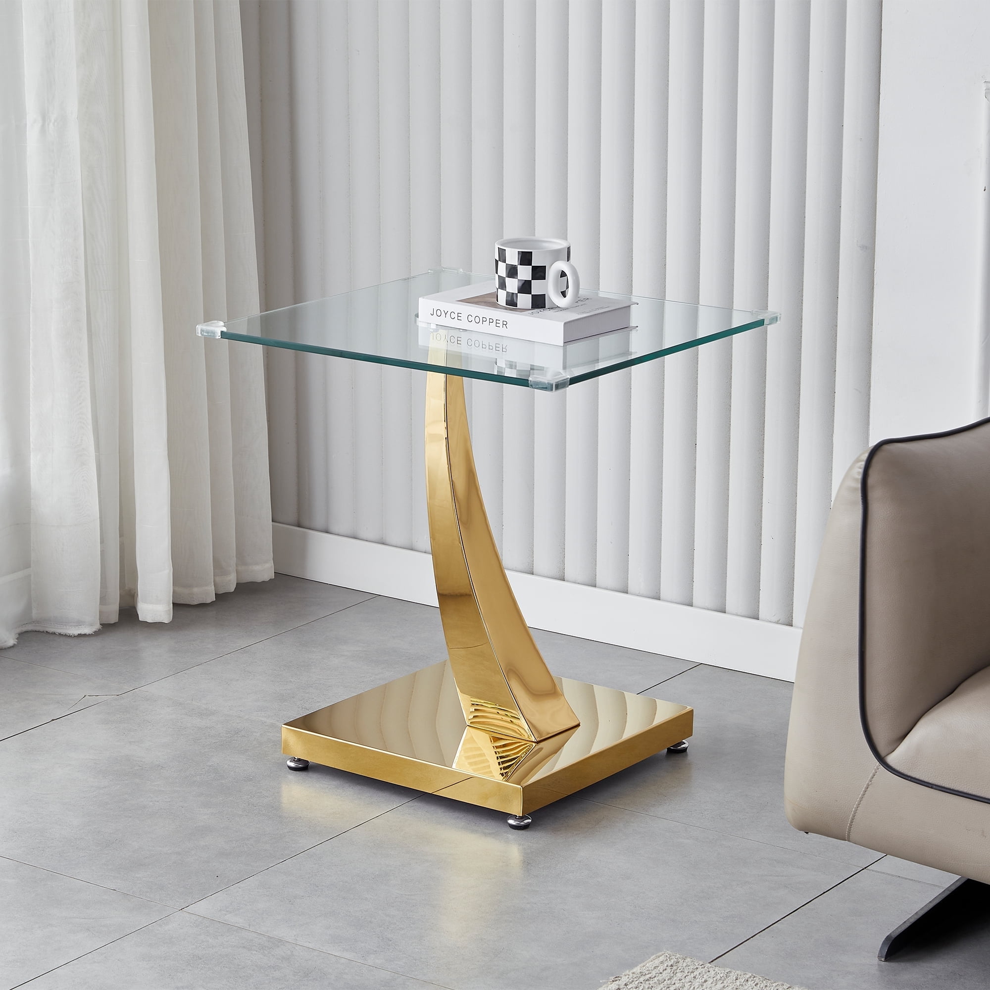 23.6" Modern Glass End Table, Square Sofa Side Coffee Table with Mirrored Stainless Steel Base for Living Room, Home Office.